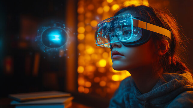Innovative online classroom setup where a student uses AR glasses to engage with a 3D holographic teacher, blending education with advanced augmented reality