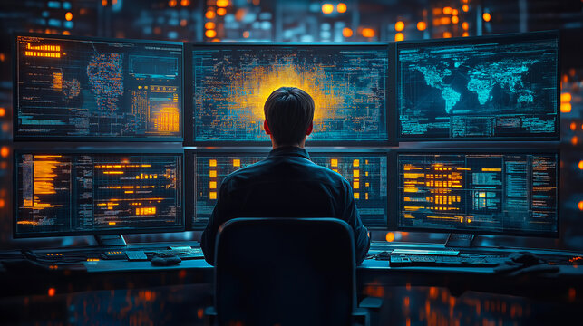 Dynamic setting of data scientists in a control room working collaboratively on large screens featuring complex algorithms and innovative AI-driven solutions