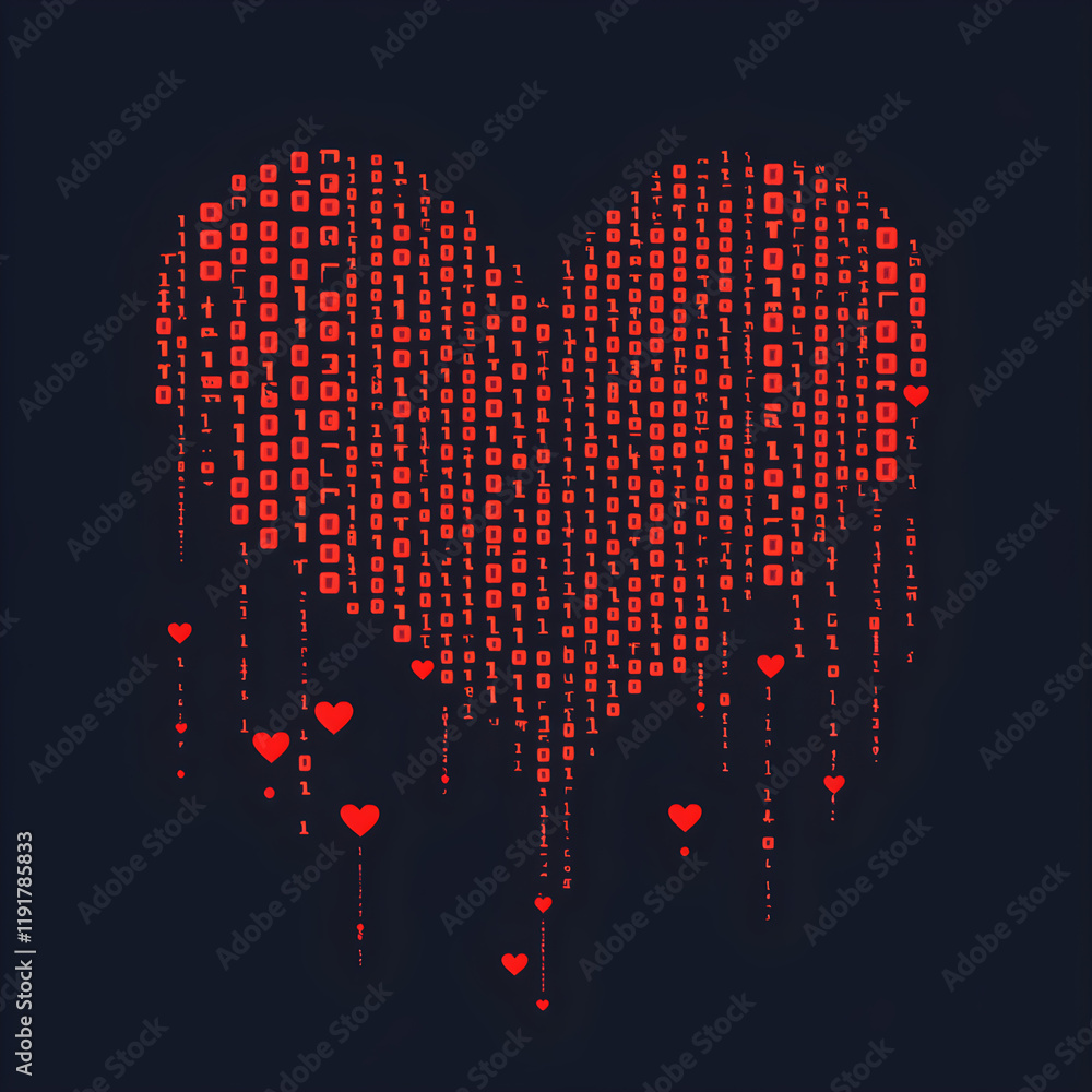 Poster digital heart composed of binary code streams