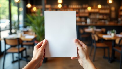 Person holds blank restaurant menu mock-up. Empty paper sheet ready for menu design. Cafe interior blurred background. Person potentially graphic designer restaurant owner. Mockup suitable for menu