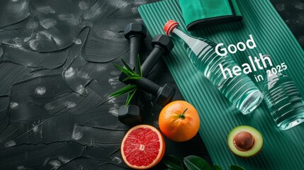 New Year's resolutions for 2025 are a healthy lifestyle and exercise, with yoga MATS, dumbbells, fruit and water bottles on a black background