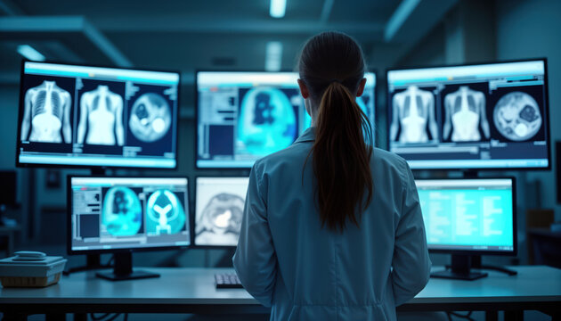 Woman doctor reviews medical images on multiple computer screens. High-tech healthcare facility. Medical pro analyzes patient scans for diagnosis. Advanced tech in healthcare. Modern radiology