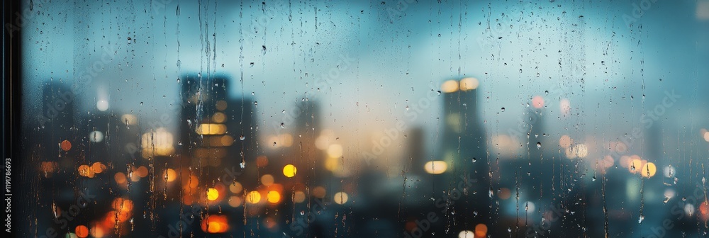 Aufkleber Raindrops trickling down a windowpane, blurring the cityscape lights in a melancholic evening scene, creating a tranquil and introspective atmosphere