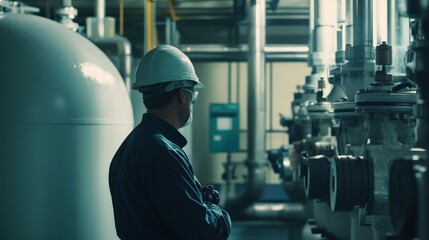 A man in a white helmet is standing in front of a large tank