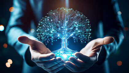 hands nurturing digital tree for future prosperity