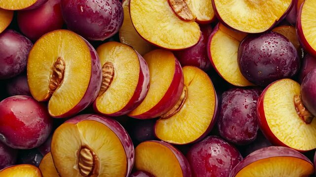 Freshly sliced plums arranged neatly showing vibrant colors and juicy textures in a kitchen setting