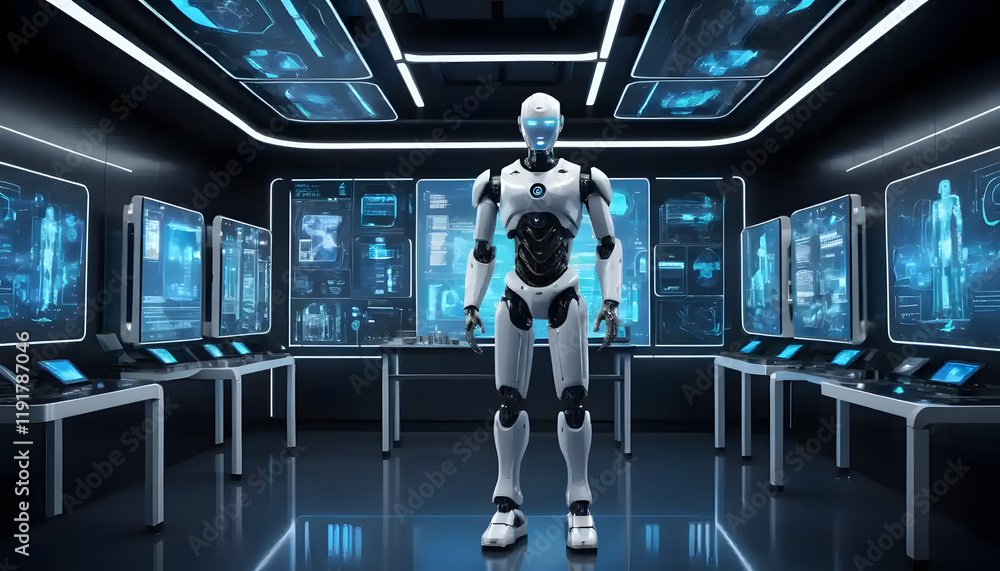 Poster advanced robotic technology in futuristic lab