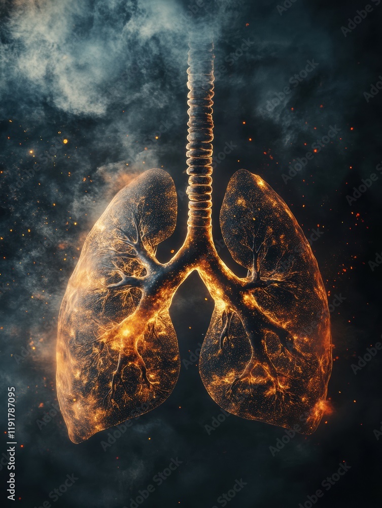 Poster realistic lungs surrounded by smog and dust particles highlighting air pollution effects on health. 