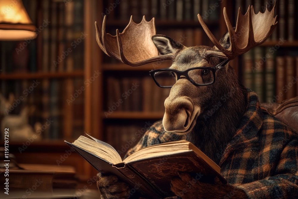 Poster moose reading a book while wearing reading glasses in a vintage library filled with old books and wo