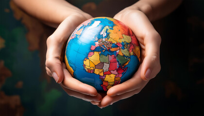 a pair of hands gently cradles a colorful globe symbolizing care for the planet and global unity