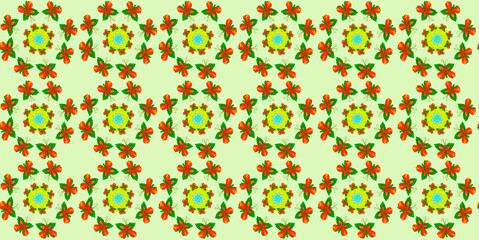 Nature Inspired Decorative Motif. Bright floral and butterfly seamless pattern featuring red-orange butterflies, green leaves, and yellow flower mandalas on a light green background
