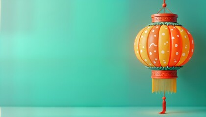 Colorful festive lantern hangs against mint green backdrop. Decorative bright colors, patterns create cheerful ambience. 3D illustration traditional design element. Visual imagery evokes celebration,