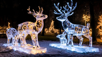 A winter ice sculpture festival with large sculptures of animals in an illuminated garden,. Frostwood. Illustration