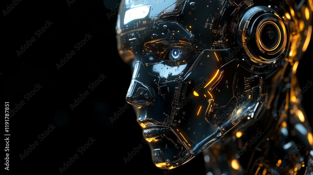 Poster futuristic robot head with glowing circuits and detailed electronic components in a dark setting