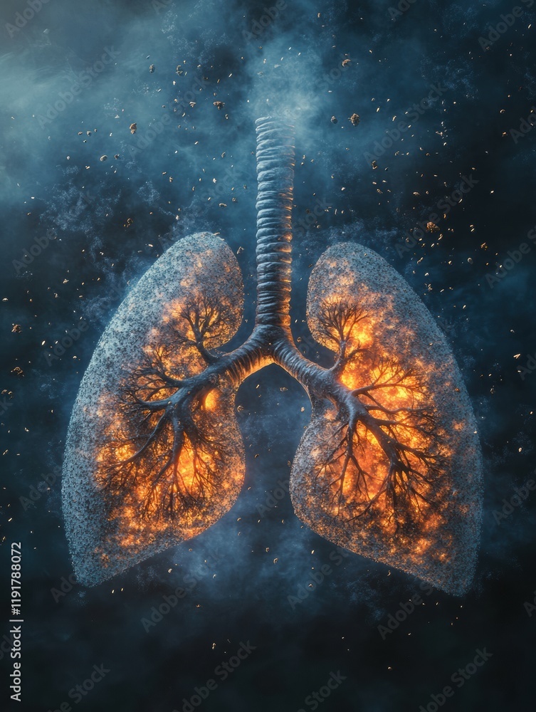Poster Realistic representation of lungs suffering from smog and dust pollution in an urban environment. Generative AI