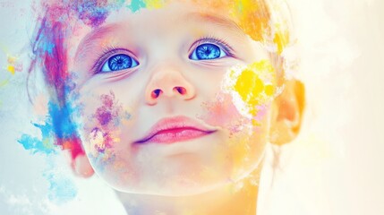 Naklejka premium Child with colorful face paint gazes upward with bright blue eyes in a playful setting