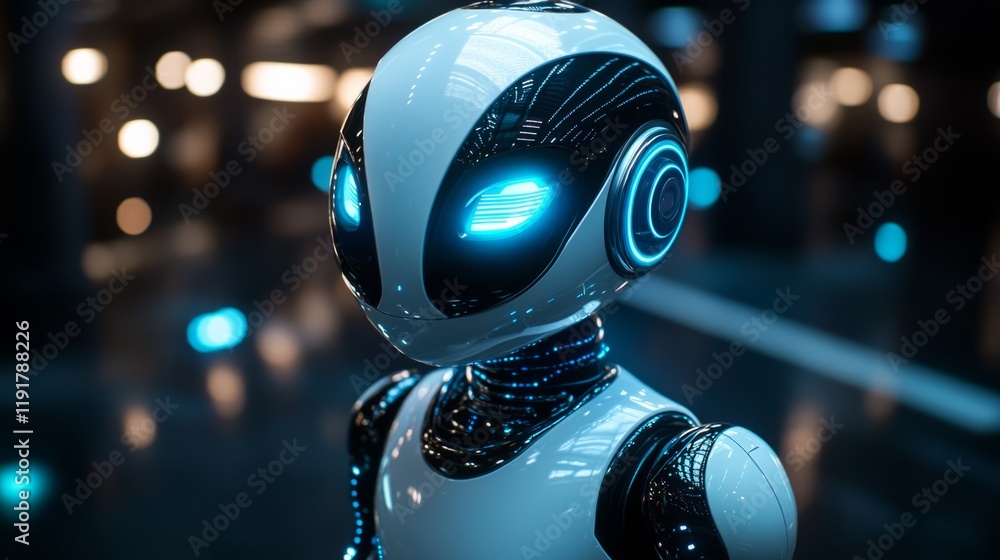 Poster futuristic robot features glowing eyes and sleek design in modern environment showcasing advanced te