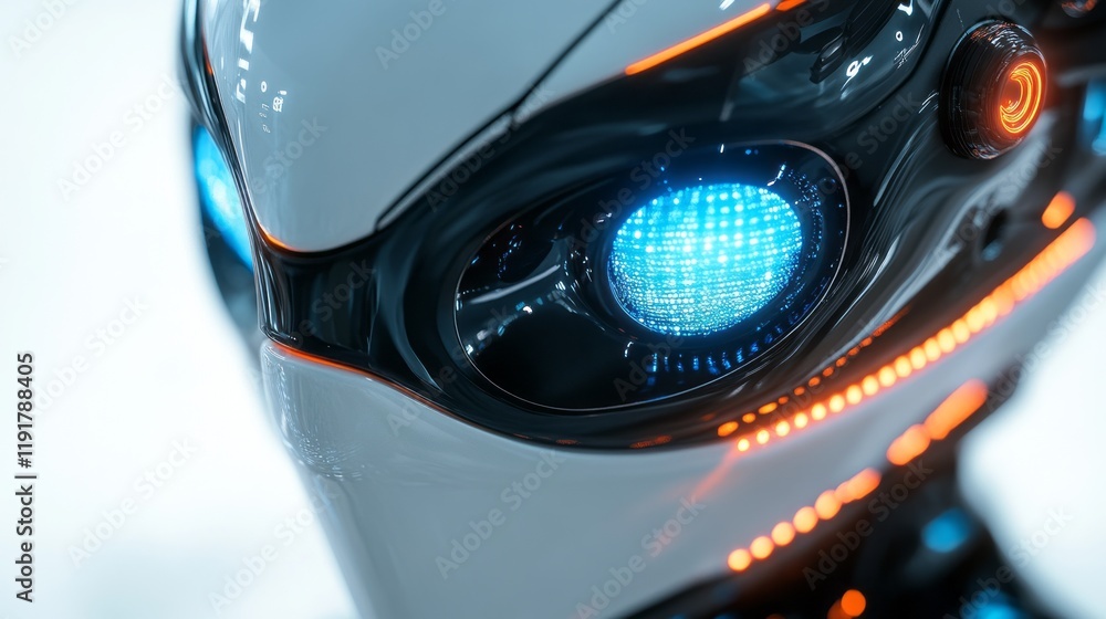 Poster close-up of a futuristic robot face with glowing blue eyes and intricate design features in a modern