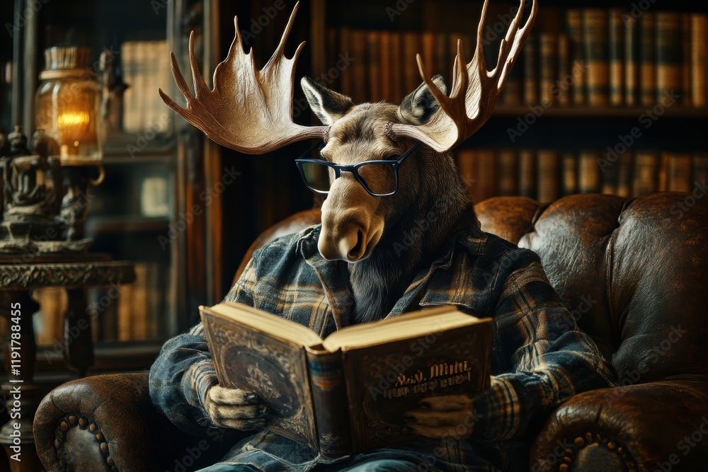 Poster moose in reading glasses enjoying a book in a vintage library with warm lighting and old wooden shel