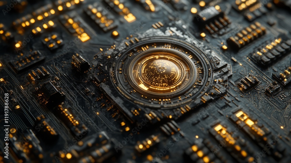 Poster close-up view of an intricate circuit board with golden components and detailed circuitry highlighti