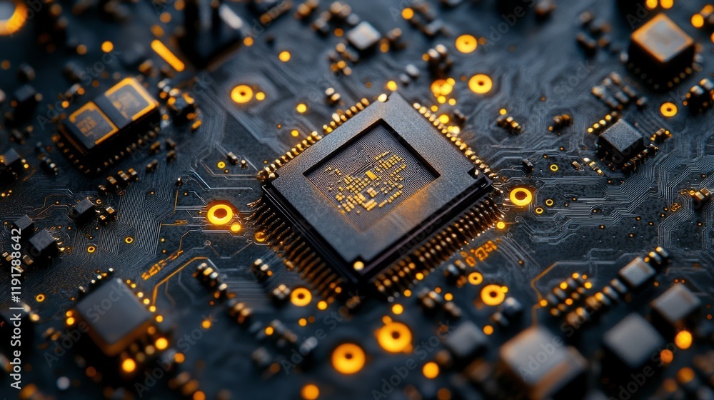 Poster close-up view of a detailed circuit board showcasing intricate patterns and a central microchip illu
