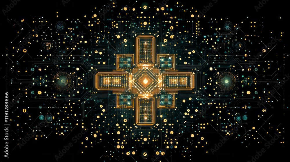 Poster digital circuitry design with glowing elements creating a vibrant visual effect over a dark backgrou
