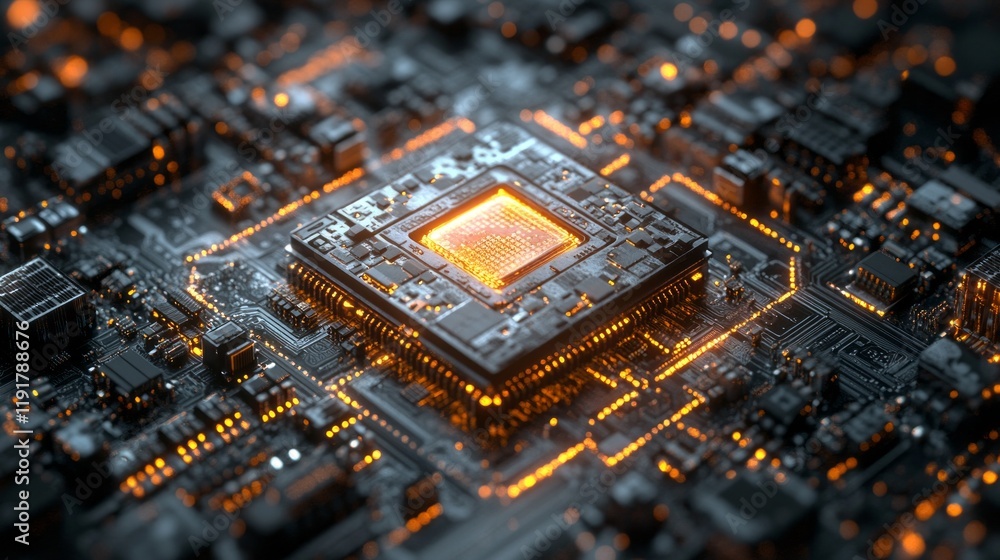 Poster exploring the intricate design of a computer processor on a circuit board at night
