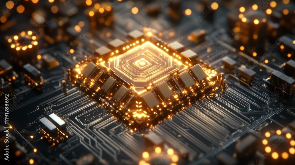 Poster detailed view of a modern microchip illuminated with glowing circuits showcasing advanced technology