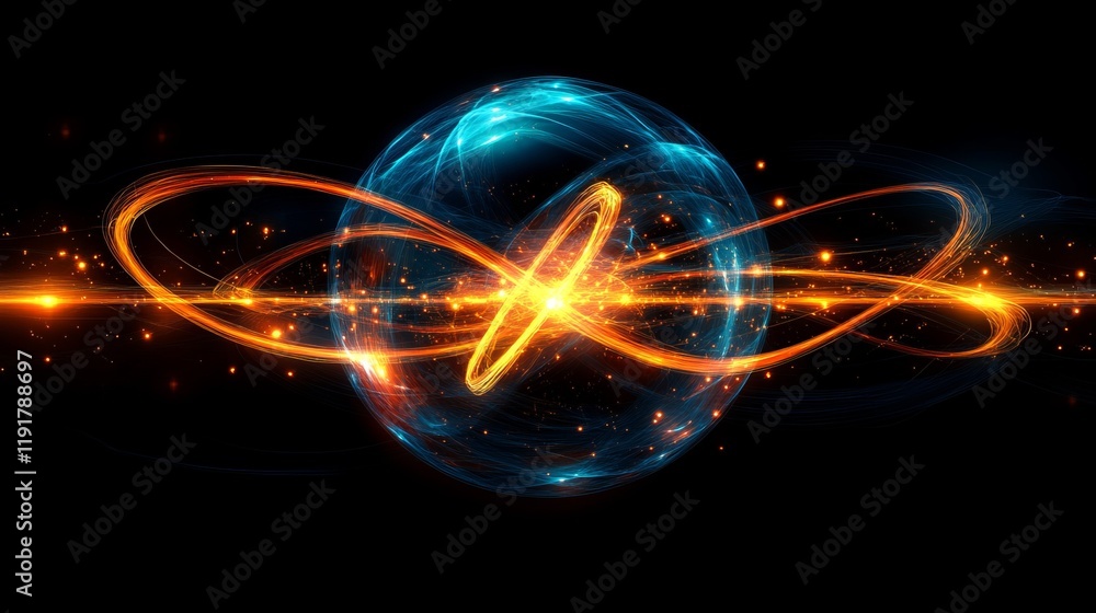 Poster dynamic concept of energy and motion with glowing particles in a dark space environment