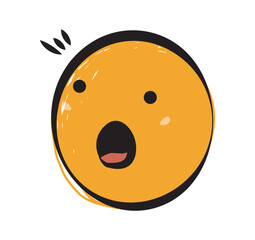 A surprised orange face emoji with an open mouth and expressive black eyes, drawn in a hand-drawn style on a white background. Concept of emotions. Vector illustration
