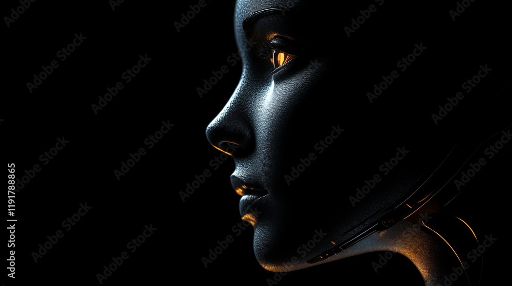 Poster exploration of artificial intelligence through a shadowy humanoid figure in a dark setting