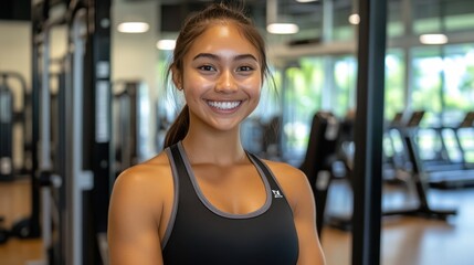 Fototapeta premium Full front view of a strong athletic woman with a defined muscular body shape, standing confidently in a modern fitness environment.