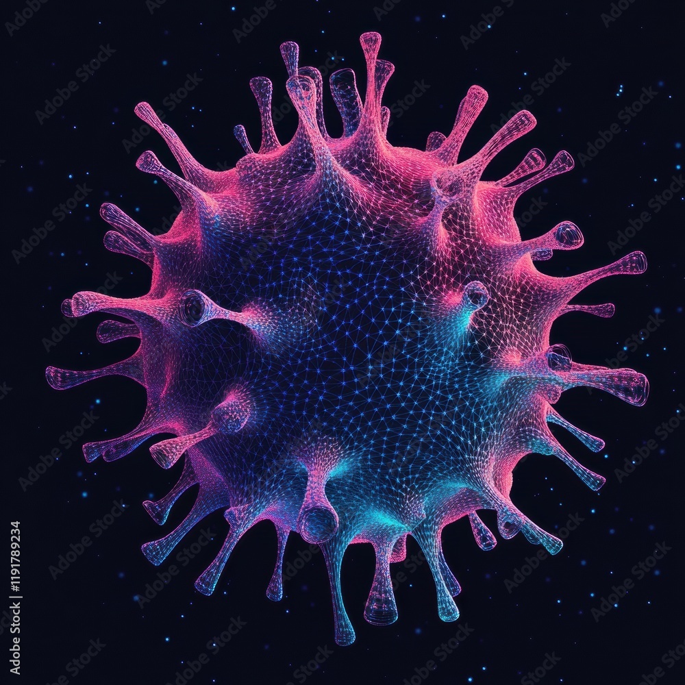Fototapete graphical representation of a virus showcasing minimalistic design with vibrant colors in a dark bac