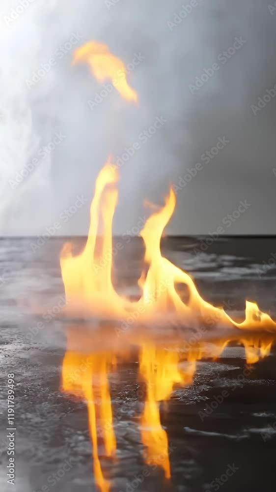 Poster fire dances on a wet surface, creating a mesmerizing display of flames and steam
