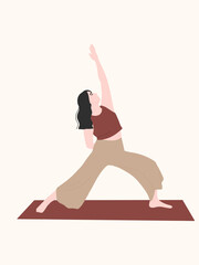 Woman in Burgundy Yoga Top and Beige Pants Stretching on a Yoga Mat : A curly-haired woman wearing an active wear performs a graceful stretch on a yoga mat, reaching one hand toward the sky. 