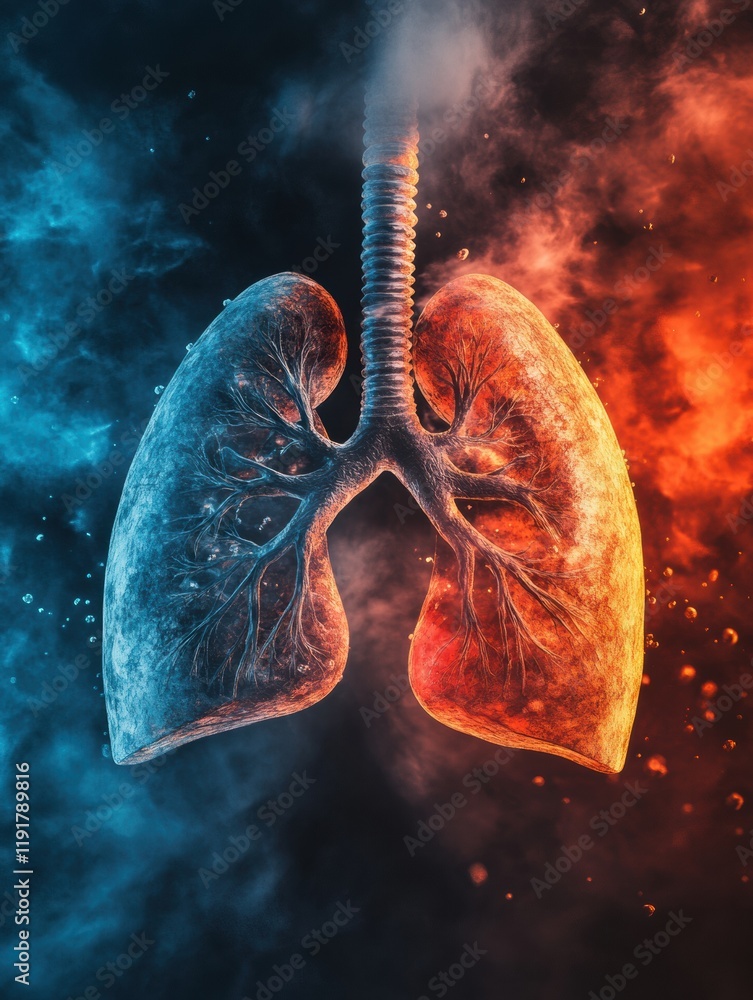 Poster lungs surrounded by smog and dust particles representing air pollution impact on health. generative 