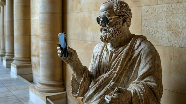 Statue of a philosopher wearing sunglasses and holding a smartphone in a historical museum setting