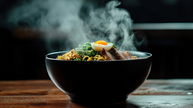 Side view of a steaming bowl of ramen, topped with a perfectly soft-boiled egg, tender chashu pork, and nori, creating a flavorful and comforting Japanese dish.
