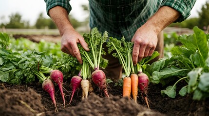 Fototapeta premium Farmer harvesting colorful root vegetables from garden soil