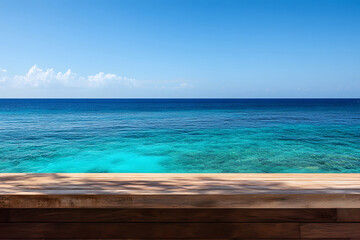 Fototapeta premium Front view of modern brown wooden counter with smooth surface and sharp details, overlooking tropical sea horizon, perfect for elegant scenic photography and minimalist outdoor decor concepts