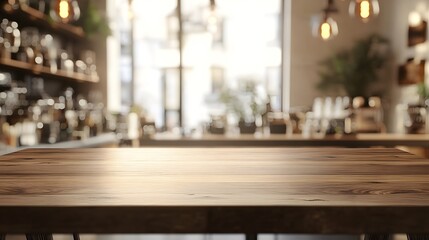 Wooden Tabletop in Blurred Cafe Interior
