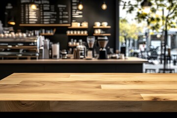 Wooden Tabletop with Blurred Coffee Shop Background