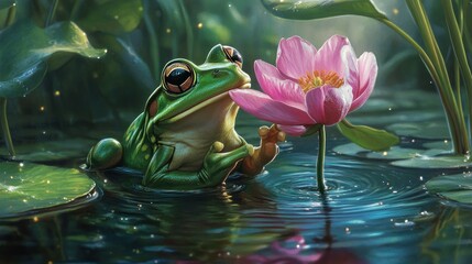 Serene Frog and Lotus Flower in a Tranquil Pond