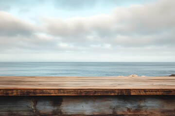 Fototapeta premium Front view of brown wooden counter with sharp details, overlooking clouds, tropical sea horizon, perfect for elegant scenic photography and minimalist outdoor decor concepts