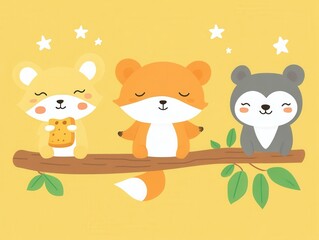 Fototapeta premium Adorable Cartoon Fox, Raccoon, and Dog on a Branch Enjoying a Snack Under the Stars