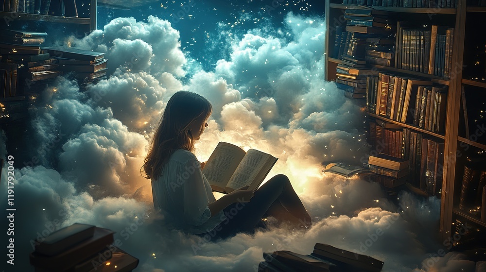 Poster reading in the clouds a dreamy library encounter enchanted atmosphere whimsical setting inspirationa
