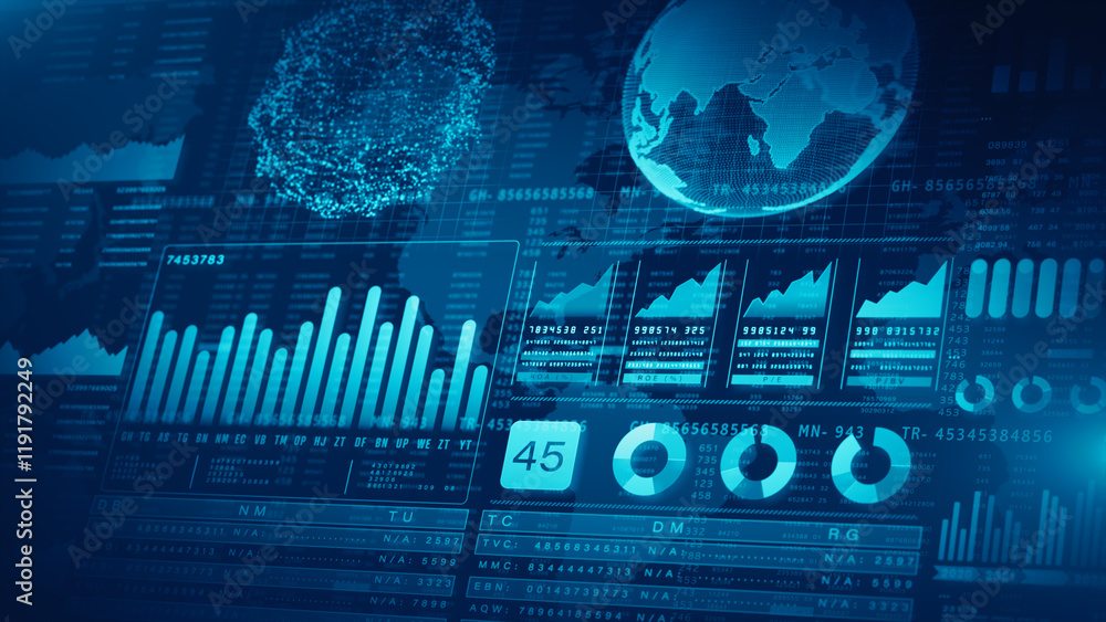 Poster high-tech global data dashboard analytics, bar graphs, world map visuals, and advanced statistics. p