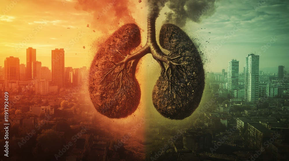 Poster realistic lungs surrounded by smog and dust particles depicting urban pollution and environmental im