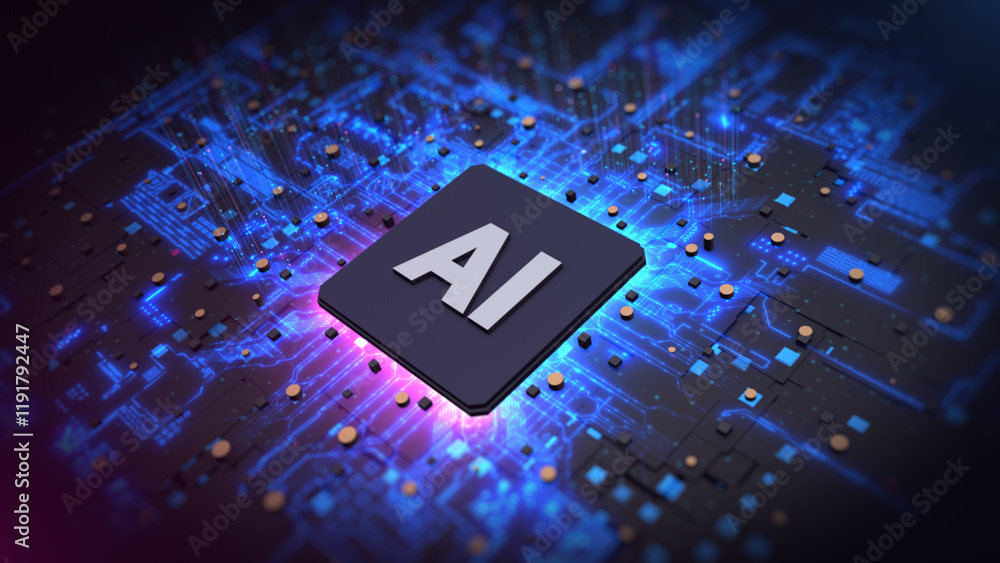 Poster ai chip on a futuristic, blue-light circuit board, represents advanced artificial intelligence and d