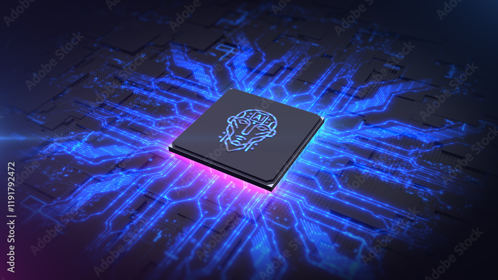 Poster ai chip, a futuristic human face design, set on a circuit board, symbolizing advanced artificial int